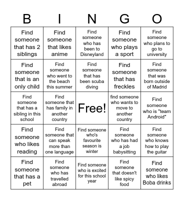 Get to Know Your Classmates Bingo Card