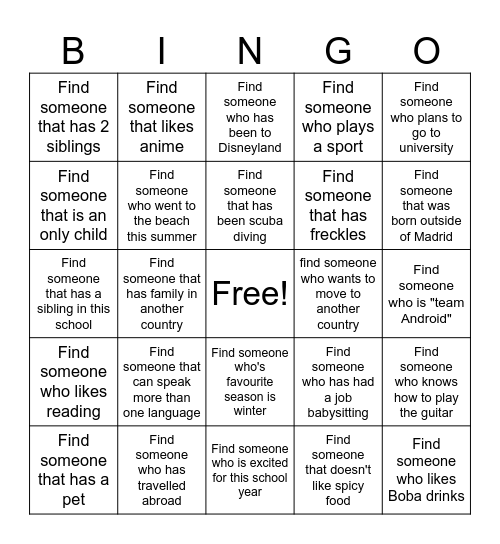 Get to Know Your Classmates Bingo Card