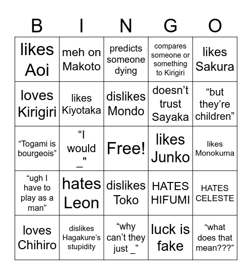 Danganronpa 1 Prologue Bingo Card