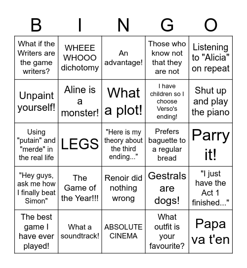 Expedition 33 fan Bingo Card