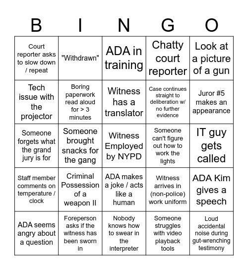 Grand Jury Bingo Card