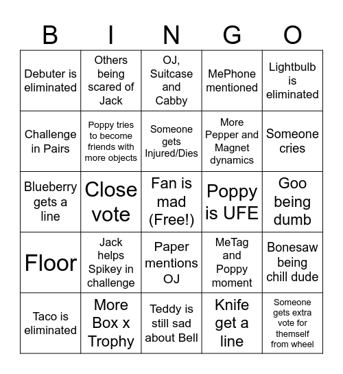 Inanimate Insanity IV Episode 3 Bingo Card