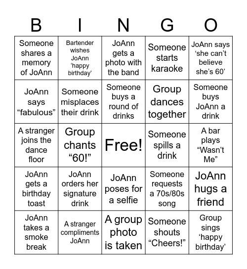 JoAnn’s 60th birthday! Bingo Card