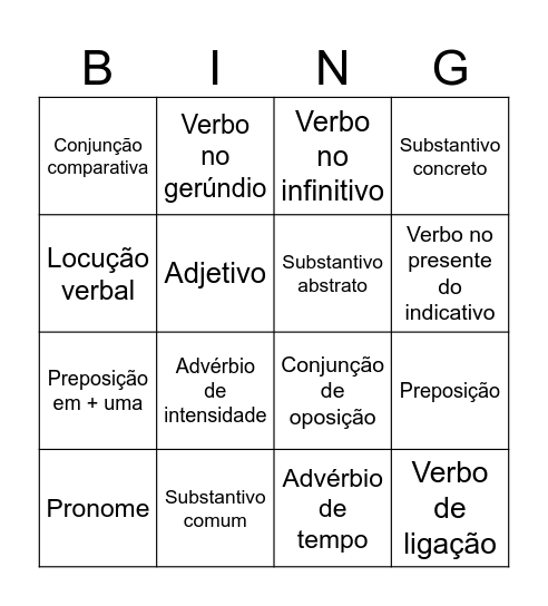 Bingo das Classes Gramaticais Bingo Card