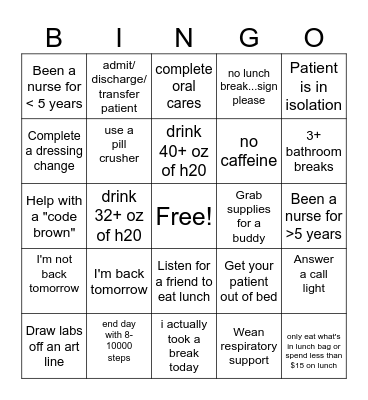 PICU Nurse's Week BINGO Card