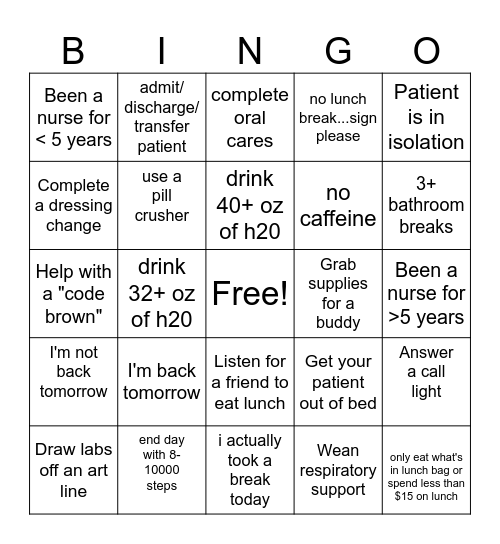 PICU Nurse's Week BINGO Card