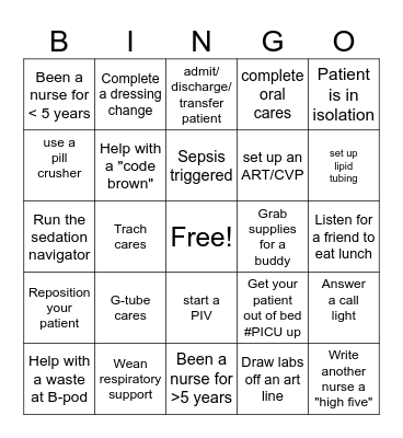 PICU Nurse's Week BINGO Card