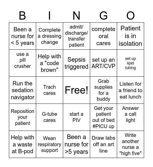 PICU Nurse's Week BINGO Card