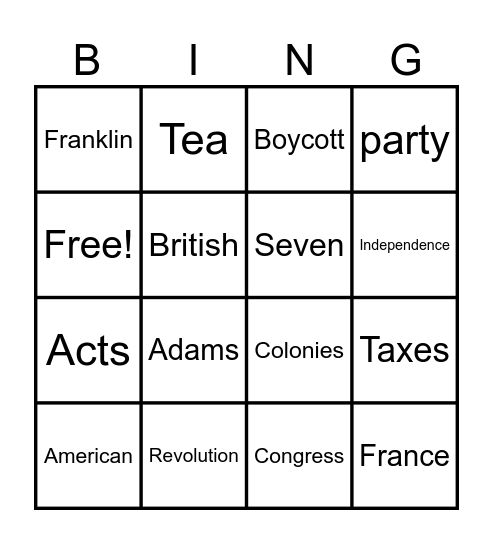 Revolution Bingo Card