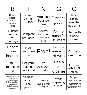 PICU Bingo Card