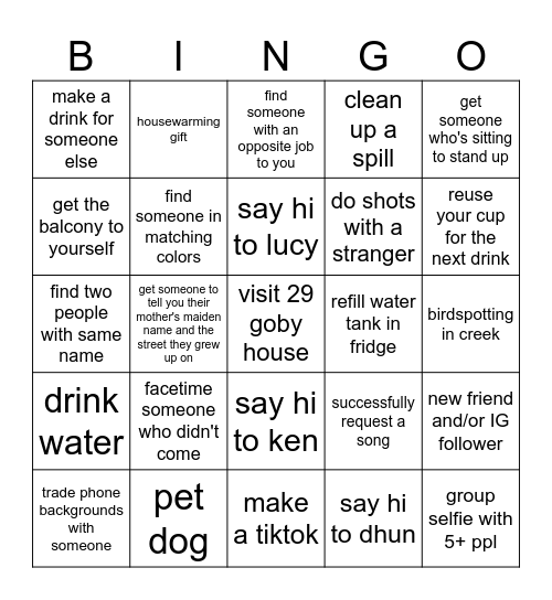 housewarming Bingo Card