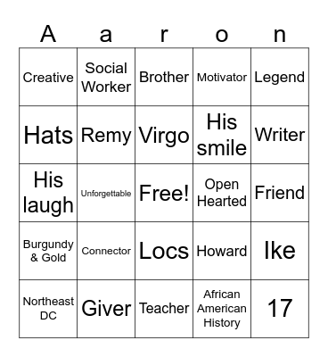 Let's Honor Aaron Bingo Card