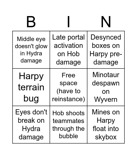 Epic Raid Bugs Bingo Card
