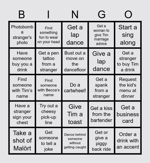Tim’s Bachelor Party Bingo Card