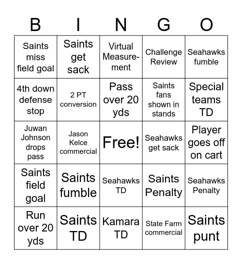 Saints Bingo Card