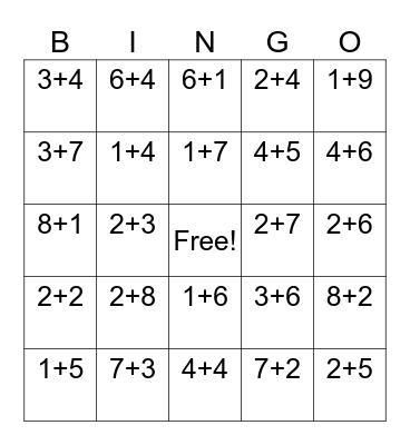 1st grade Up To Ten Addition Bingo Card