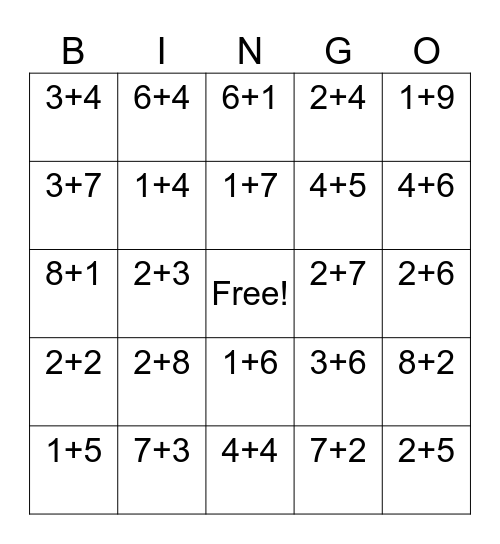 1st grade Up To Ten Addition Bingo Card