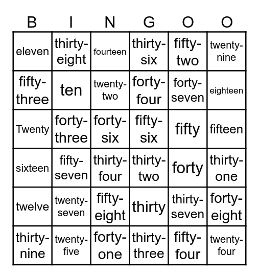 Number Words 10 - 50 Bingo Card