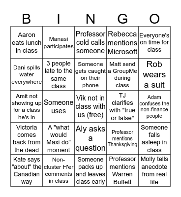 Cluster H Bingo Card