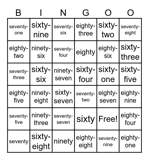 Number words 60 - 99 Bingo Card