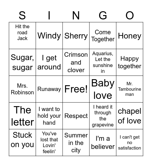 60's music Bingo Card