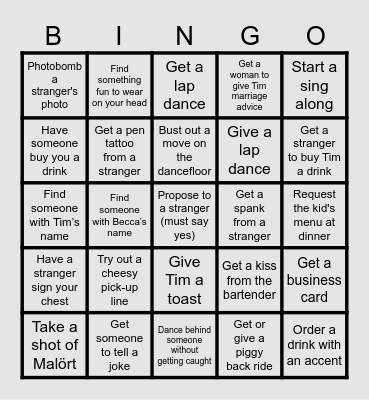 Tim’s Bachelor Party Bingo Card