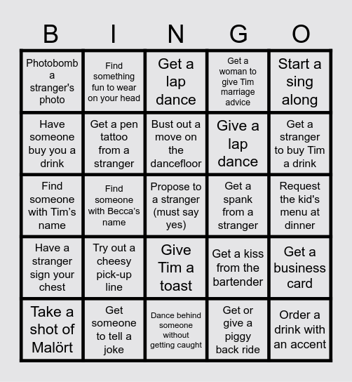 Tim’s Bachelor Party Bingo Card