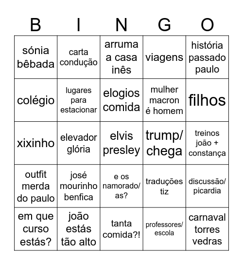 Bingo Jantares de Família Bingo Card