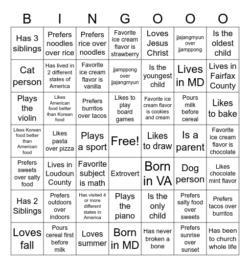 7th Grade Class Bingo Card