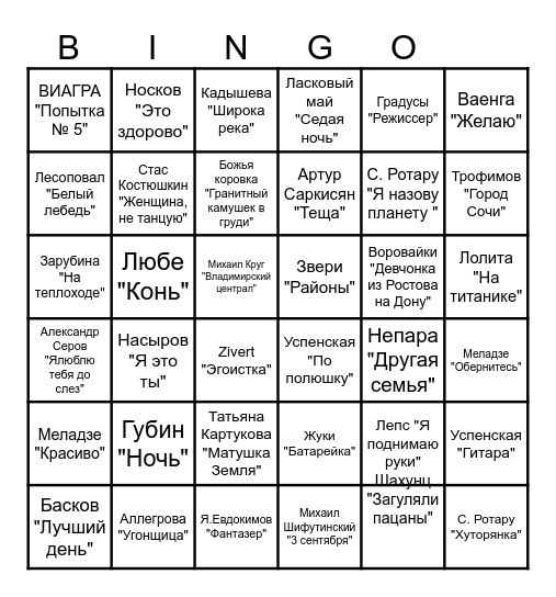 МУЗЫКАЛЬНОЕ БИНГО. Угадай песню Bingo Card