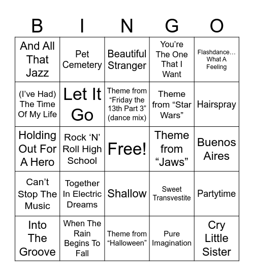 Soundtrack of My Life Bingo Card
