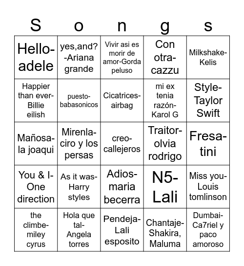 Canciones Bingo Card