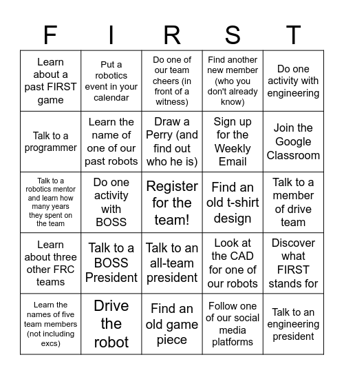 Robotics Rookie Bingo Card