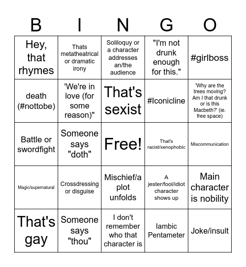 Shakespeare Bingo Card