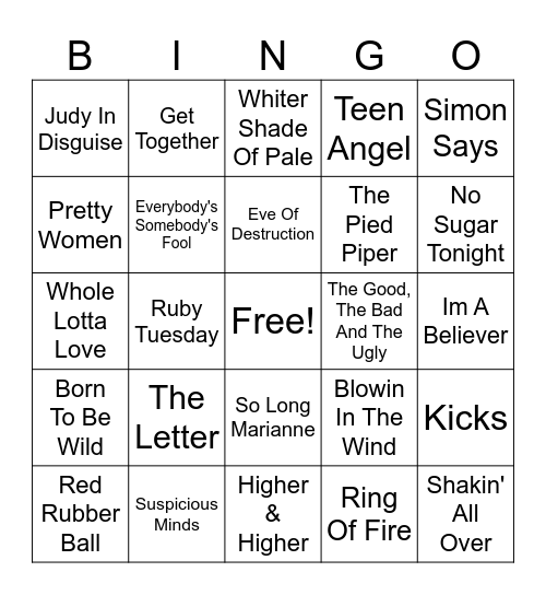 Sixties Bingo Card