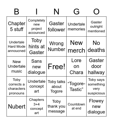 Undertale play though bingo Card