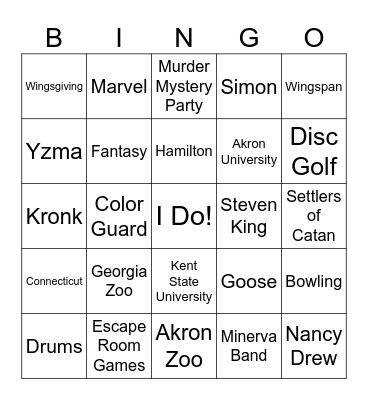 Melanie and JJ Bingo Card