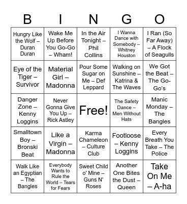 80s Music Bingo Card