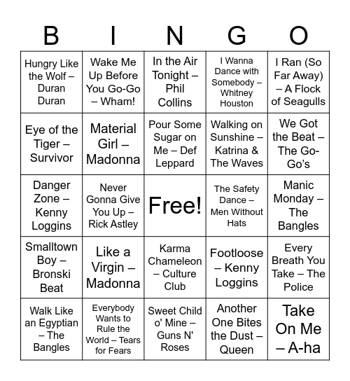 80s Music Bingo Card