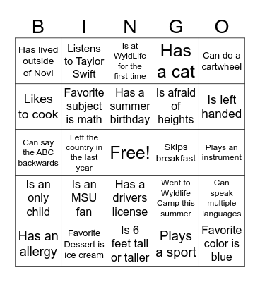 Welcome to WyldLife Bingo Card