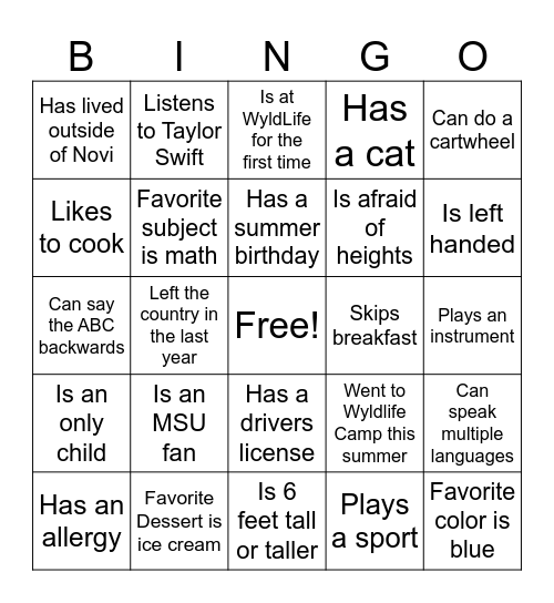 Welcome to WyldLife Bingo Card