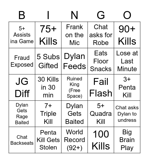 100 Kill Bingo Stream Bingo Card