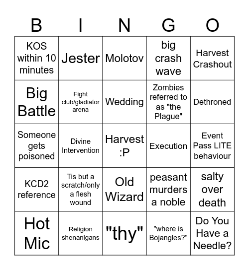 MEDIEVAL Bingo Card