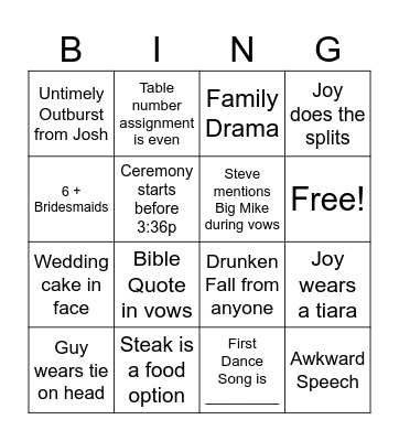 Neighbors Wedding Bingo Card