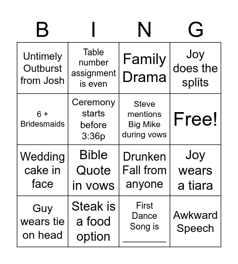 Neighbors Wedding Bingo Card