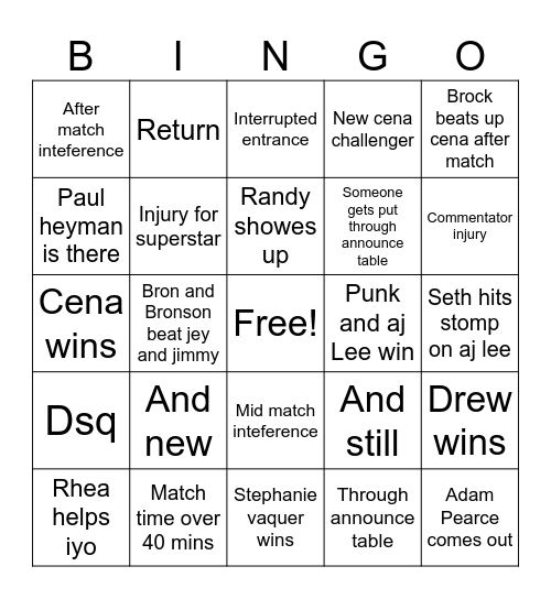 Wrestlpalooza bingo Card