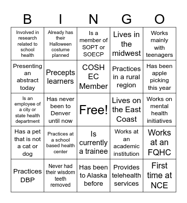 COSH Social Mixer Bingo Card