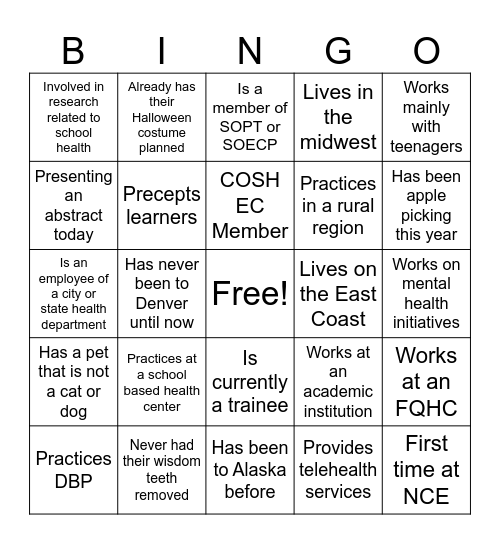 COSH Social Mixer Bingo Card