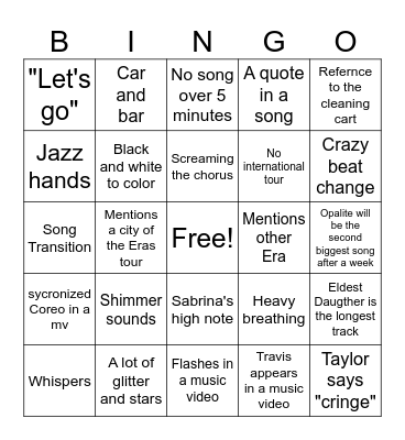 The Life of a Showgirl Bingo Card