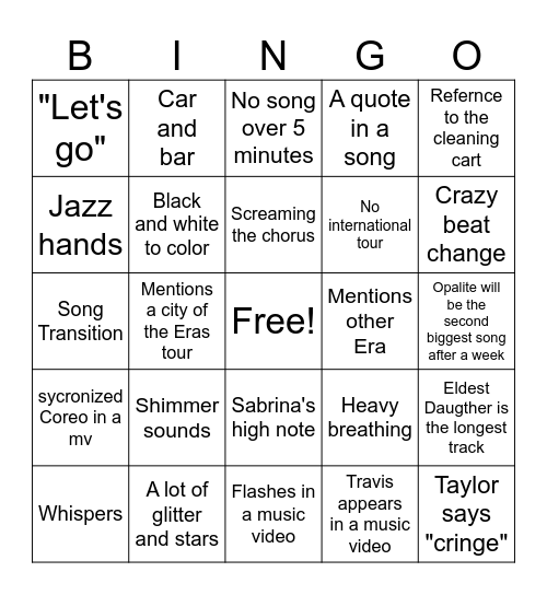The Life of a Showgirl Bingo Card